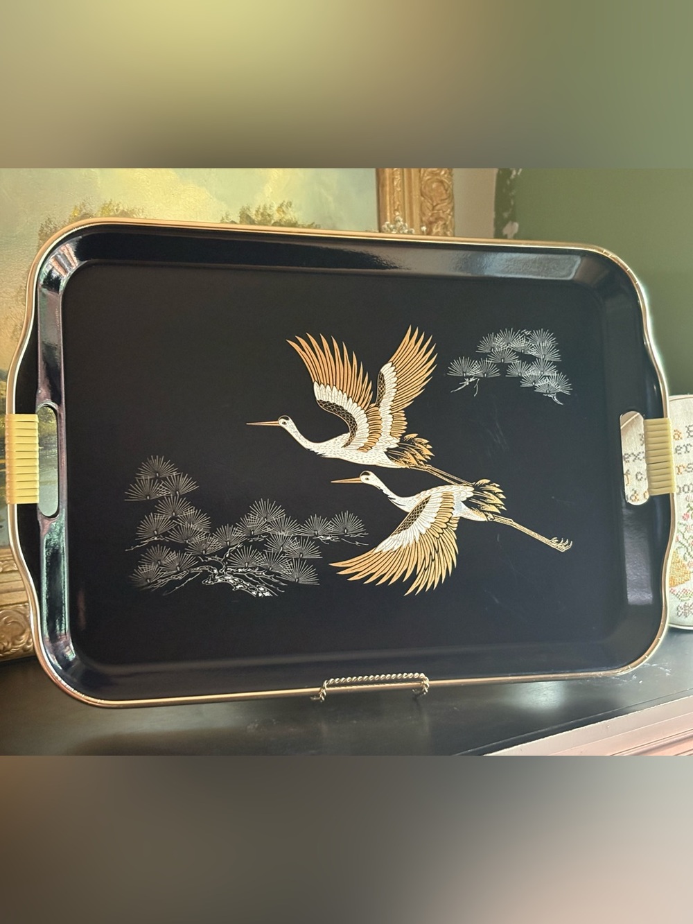 VTG Artmark Flying Cranes & Branches Black Melamine Serving Tray Wrapped Handles